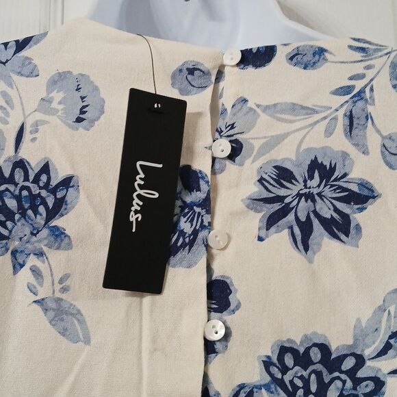 Lulus Darling Simplicity White and Blue Floral Linen Cutout Mini Dress Sz L NWT - Picture 9 of 12